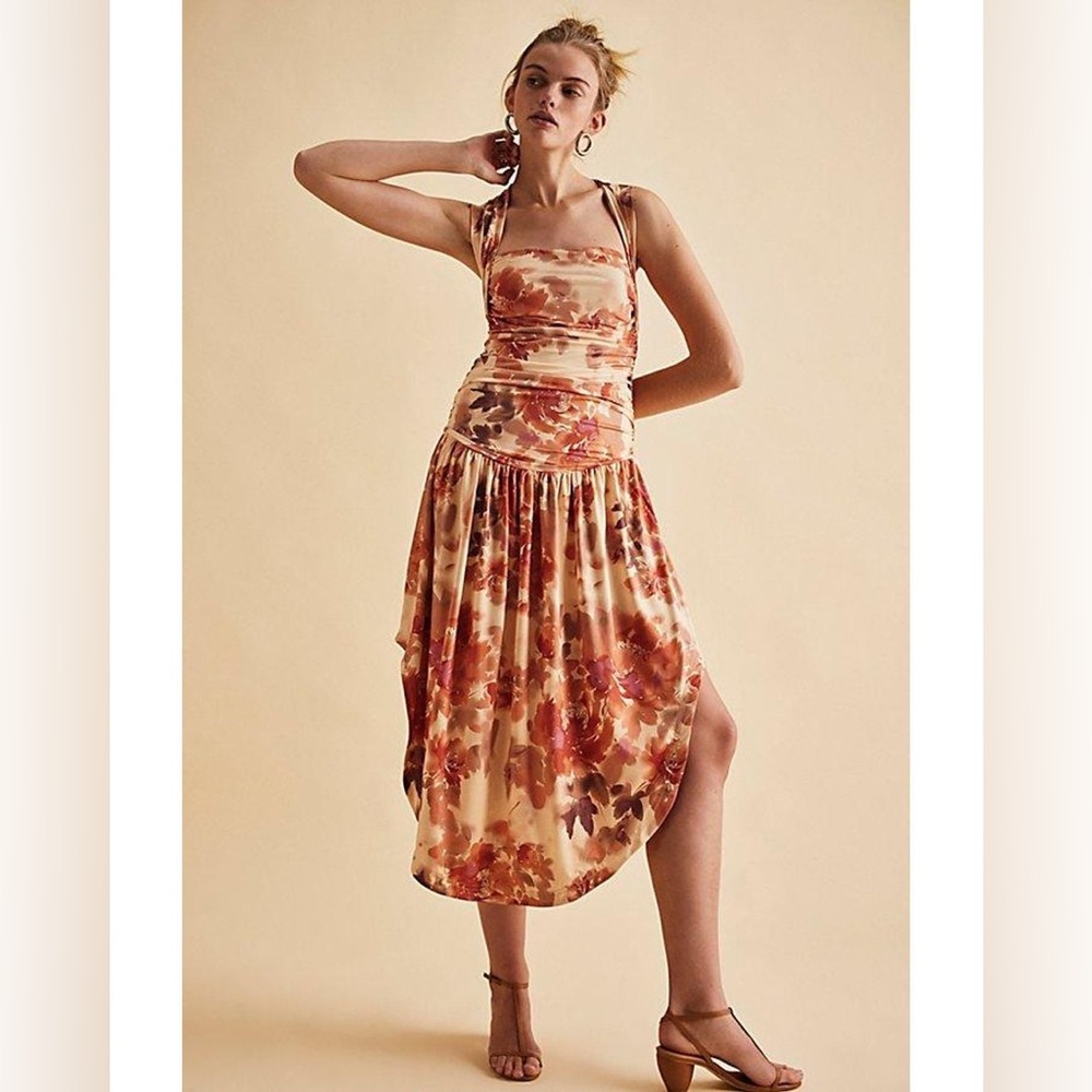 NWOT Free People Raylon Drop Waist Convertible Neckline Midi Orange Sz S